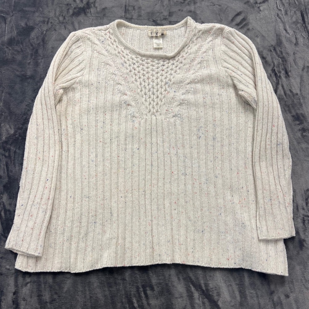 LEA Apparel Confetti Ribbed Knit Sweater Womens Large‎ Cream Pointelle Pullover